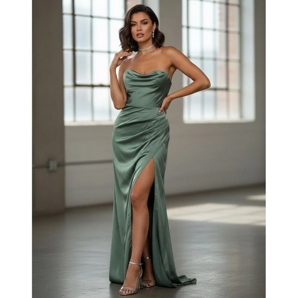 Azazie Womens Strapless Cowl Neck Satin Sage Green High‎ Slit Maxi Dress Gown A4